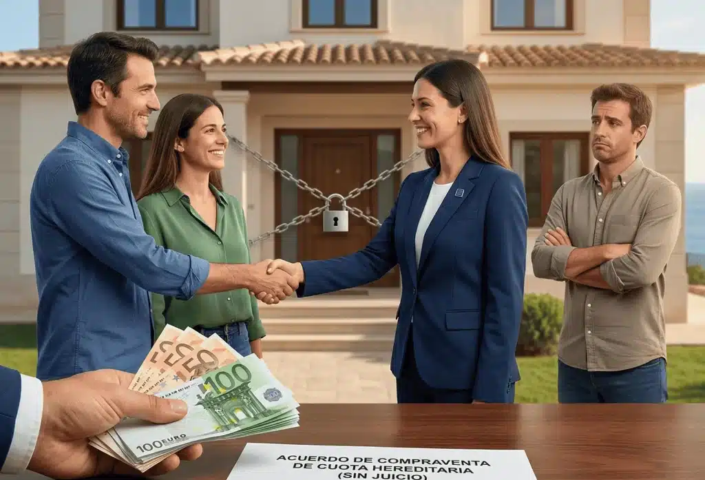 Acuerdo de compraventa de cuota hereditaria sin juicio para resolver proindiviso de herencia entre hermanos.